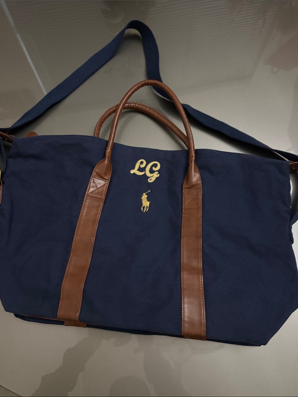 Navy Canvas Weekend Tote with Brown Leather Trim - Polo by Ralph Lauren